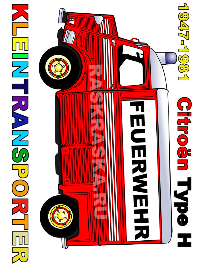 цветной рисунок пожарного фургона Citroen HY с немецкой подписью