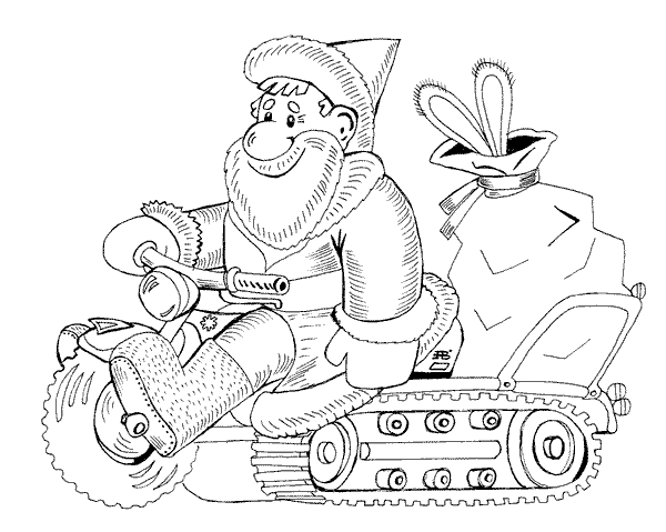 Der Weihnachtsmann fährt mit dem Schneemobil und bringt den Kleinen die Geschenke