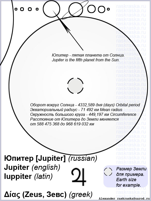 Картинка планеты Юпитер с комментариями для распечатки на принтере лист формата А4